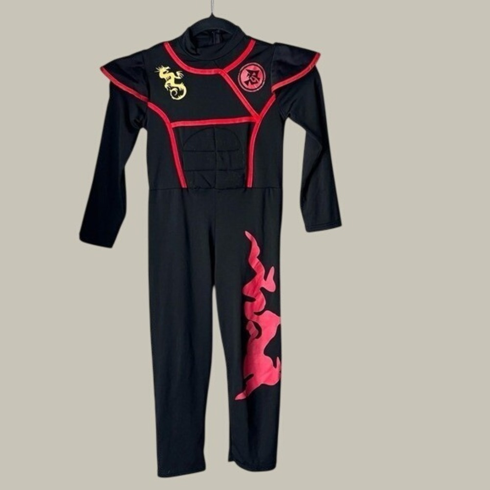 Kids Ninja Costume Black Red Flames Dragon Small